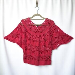 Lisa International Woman PXL Crochet Knit Top Open Weave Dolman Sleeve Pink/Red‎